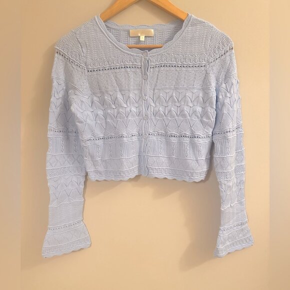 NEW LoveShackFancy Media Pointelle Scallop Cardigan in Morning Tide Blue | sz S - Picture 8 of 14